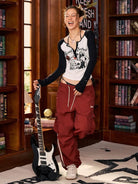 BeerBro Contrast Stripe Cargo Pants in Red - On Female Model