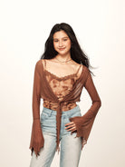 BEERBRO Sheer Mesh Tie Front Top in Brown - On Female Model