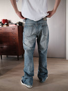 UNKNOWNWORLD Ice Blue Washed Micro Flare Jeans in Blue - On Model