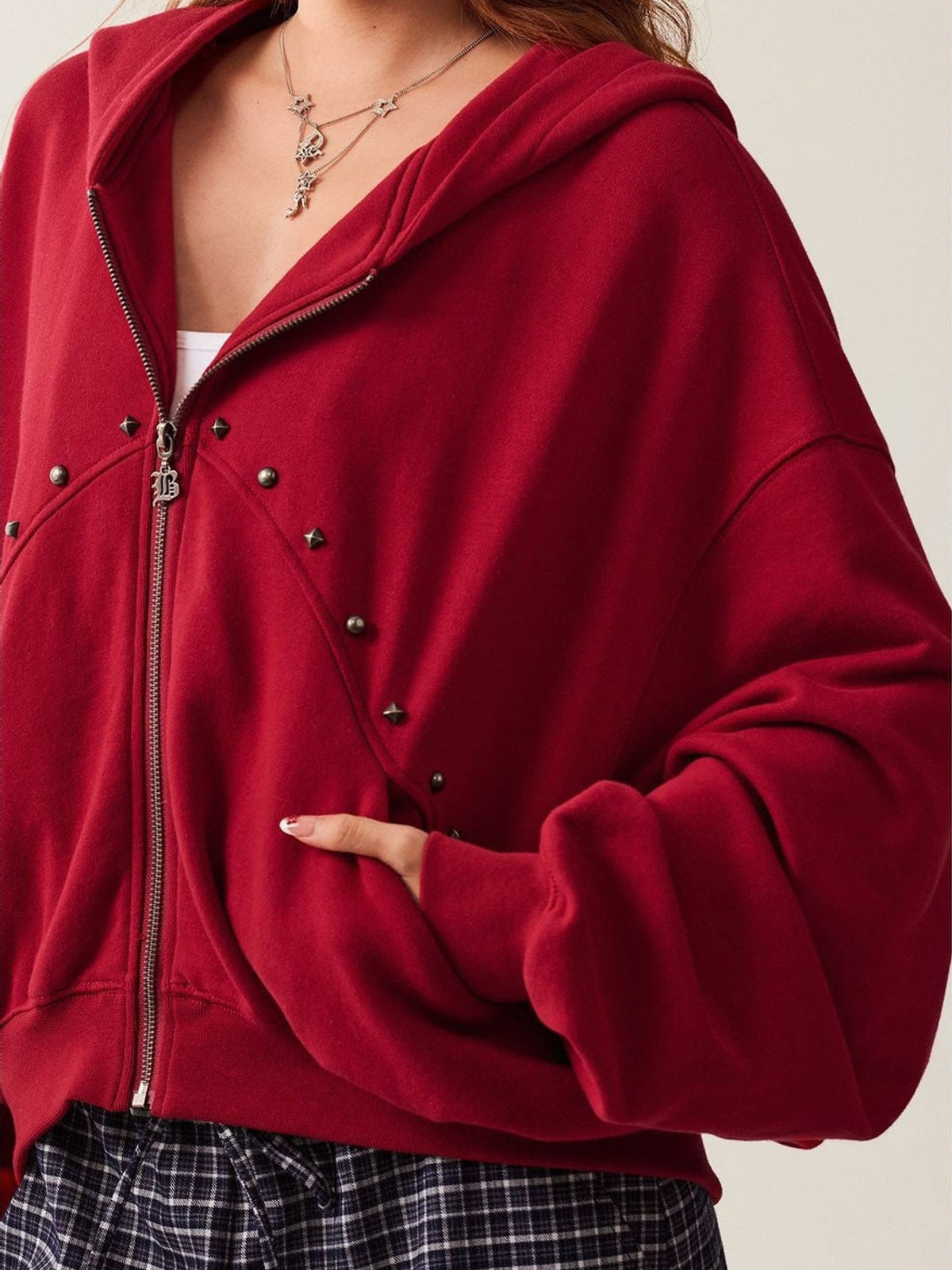 BeerBro Studded Zip Up Cropped Hoodie in Red - On Female Model