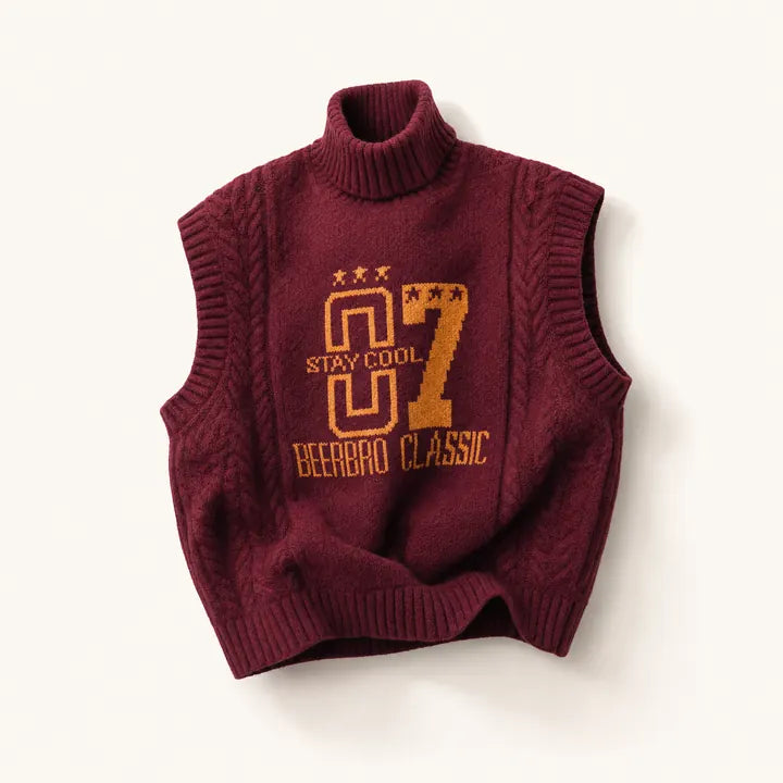 Mingstreet ASC launch still-life | BEERBRO | Graphic Cable Knit Turtleneck Vest | Burgundy | ready_now_existing_asset