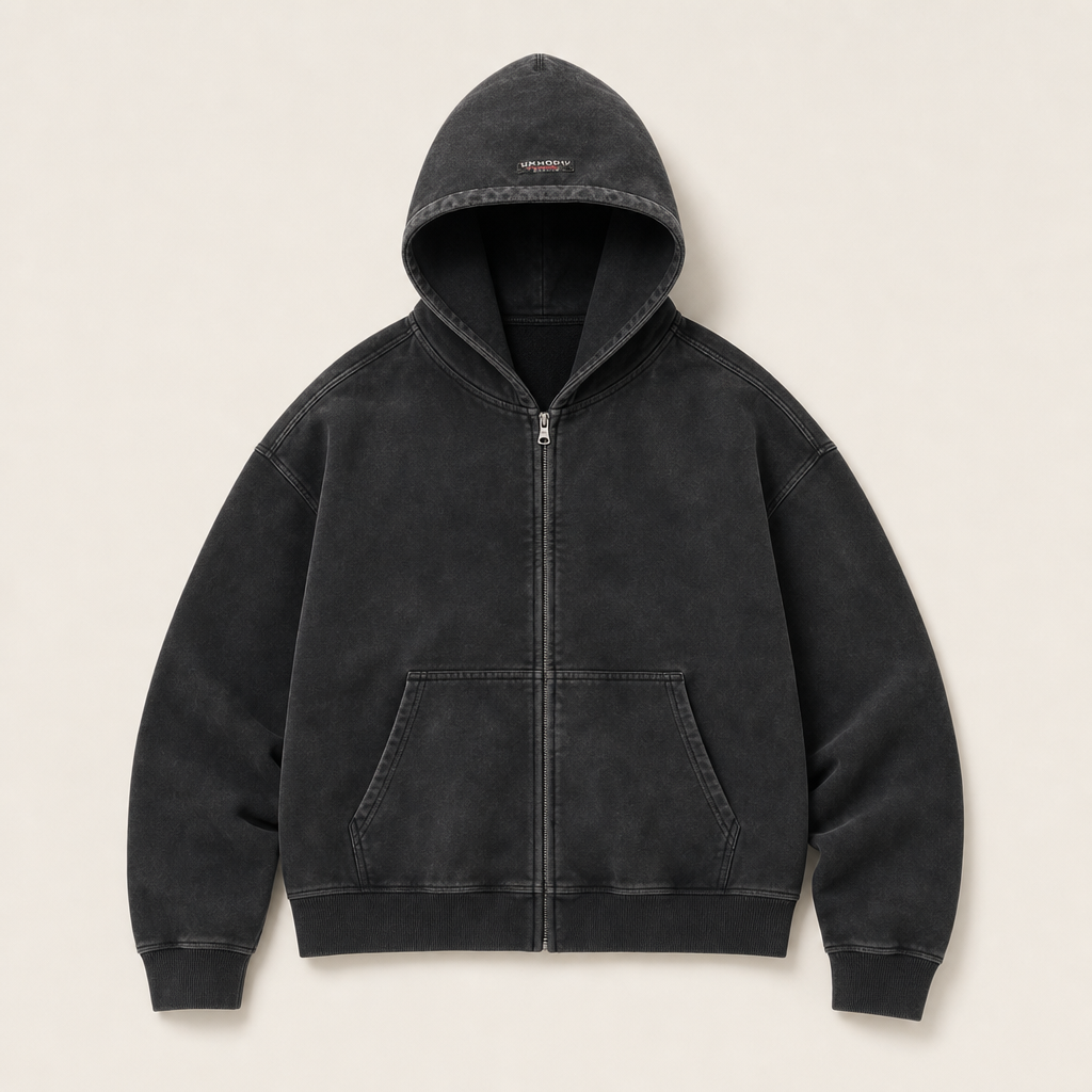 Mingstreet ASC launch still-life | UNKNOWNWORLD | Mud Dyed Zip Up Hoodie | Black | ready_now_uncrumpled_replacement