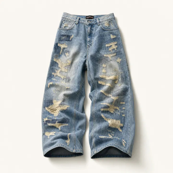 Mingstreet ASC launch still-life | UNKNOWNWORLD | Heavyweight Distressed Wide Leg Jeans | Blue | ready_now_existing_asset
