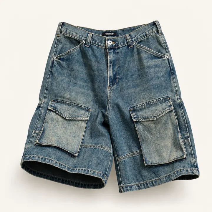 Mingstreet ASC launch still-life | UNKNOWNWORLD | Mud Dyed Multi Pocket Denim Shorts | Blue | ready_now_existing_asset