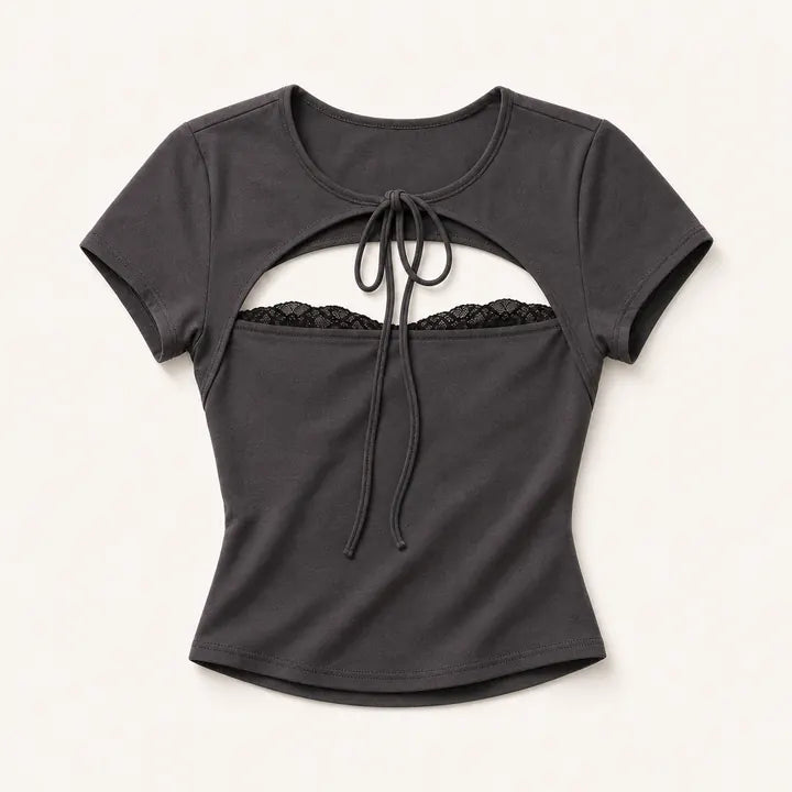 Mingstreet ASC launch still-life | BEERBRO | Lace Trim Cutout Baby Tee | Gray | ready_now_existing_asset