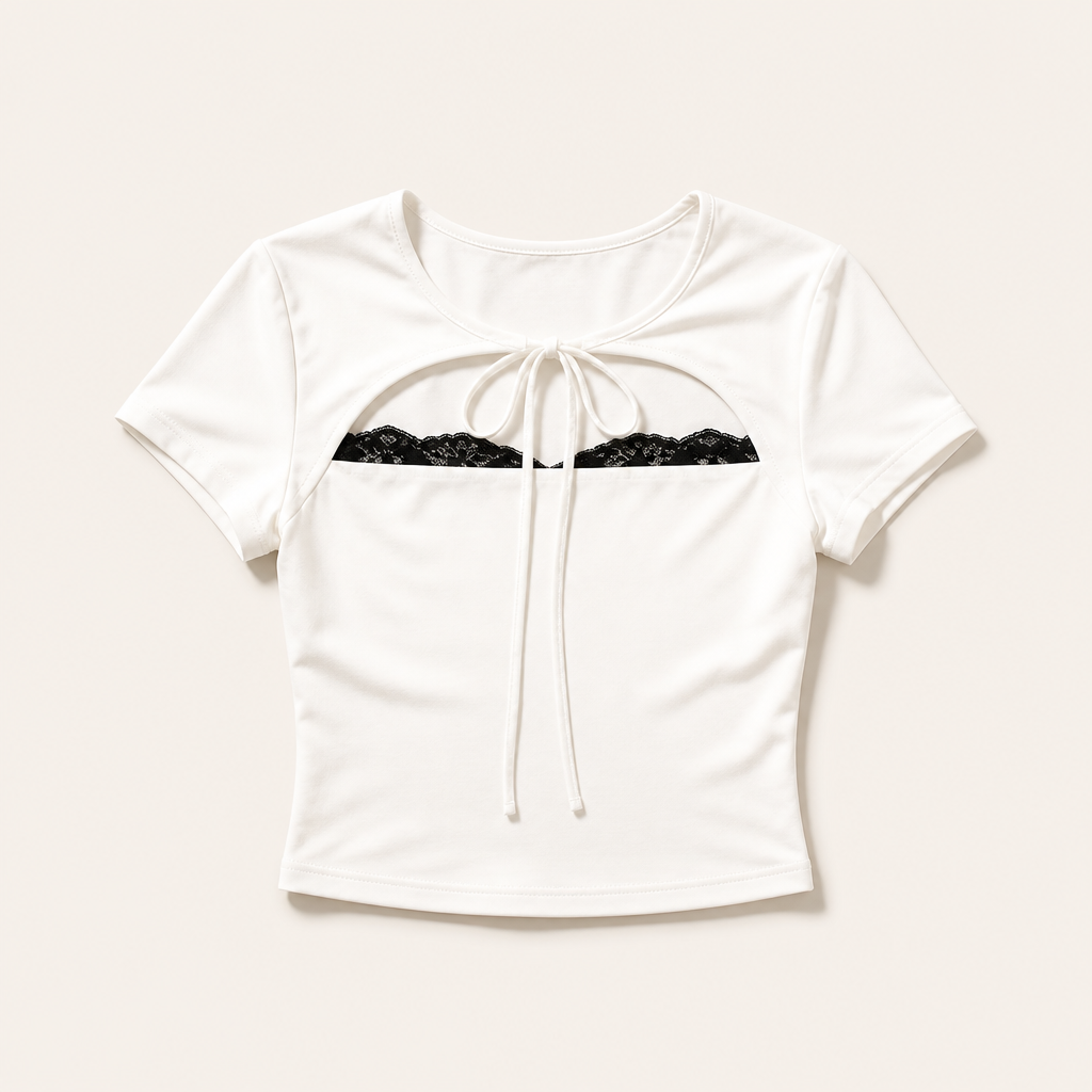 Mingstreet ASC launch still-life | BEERBRO | Lace Trim Cutout Baby Tee | White | generated_extra_ready_product_colorway