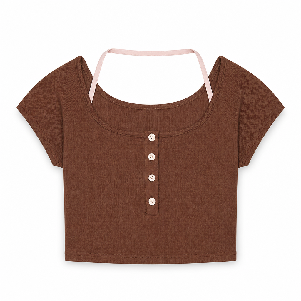 Mingstreet ASC launch still-life | BEERBRO | Faux Layered Knit Henley Crop Top | Brown | generated_extra_ready_product_colorway