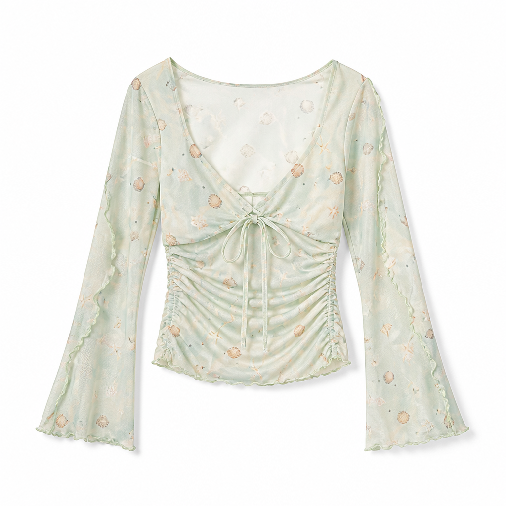 Mingstreet ASC launch still-life | BEERBRO | Shell Print Mesh Tie Front Top | Mint | generated_extra_ready_product_colorway