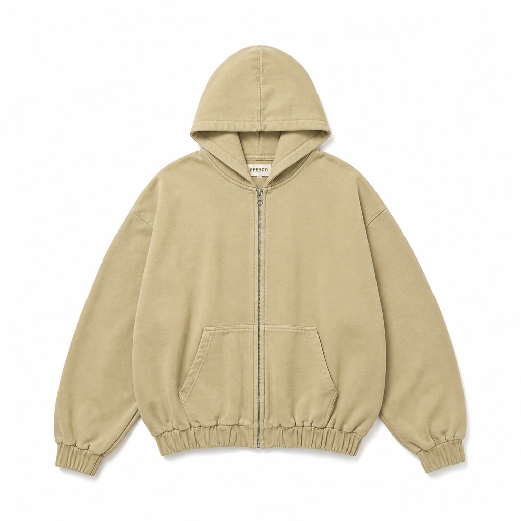 Mingstreet ASC launch still-life | BEERBRO | Washed Fleece Zip Up Hoodie | Beige | generated_extra_ready_product_colorway