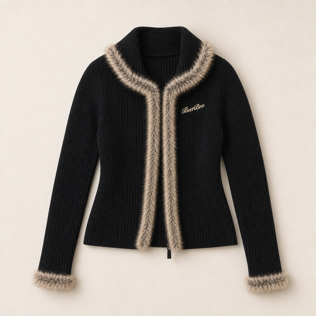 Mingstreet ASC launch still-life | BEERBRO | Faux Fur Trim Ribbed Cardigan | Black | ready_now_uncrumpled_replacement