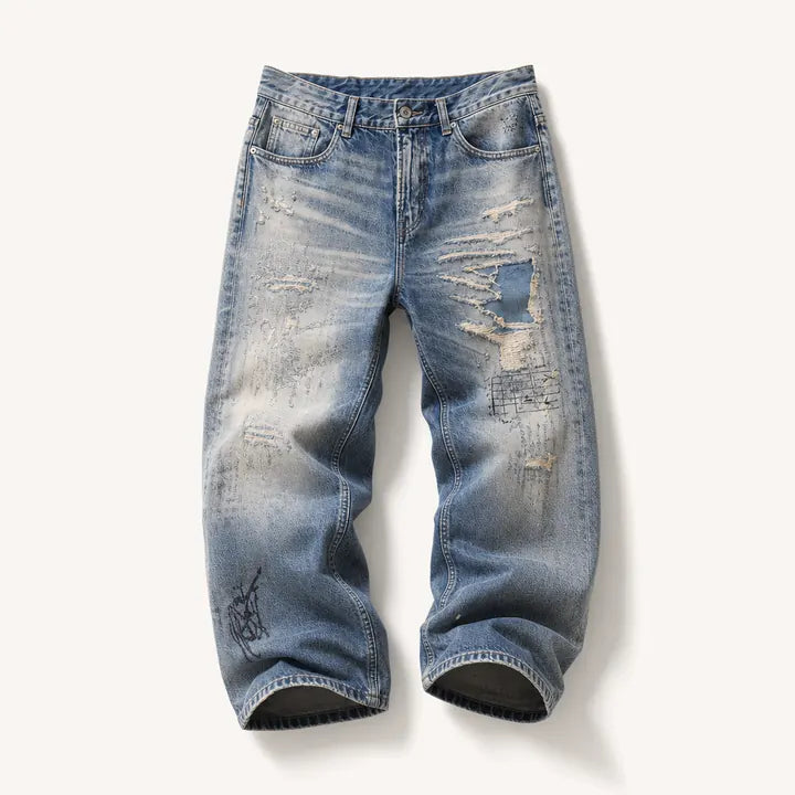 Mingstreet ASC launch still-life | SOD | Distressed Graffiti Embroidered Jeans | Blue | ready_now_existing_asset