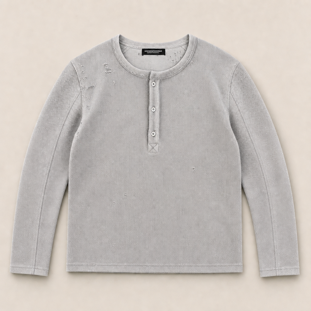 Mingstreet ASC launch still-life | UNKNOWNWORLD | Distressed Cotton Waffle Henley | Gray | ready_now_uncrumpled_replacement
