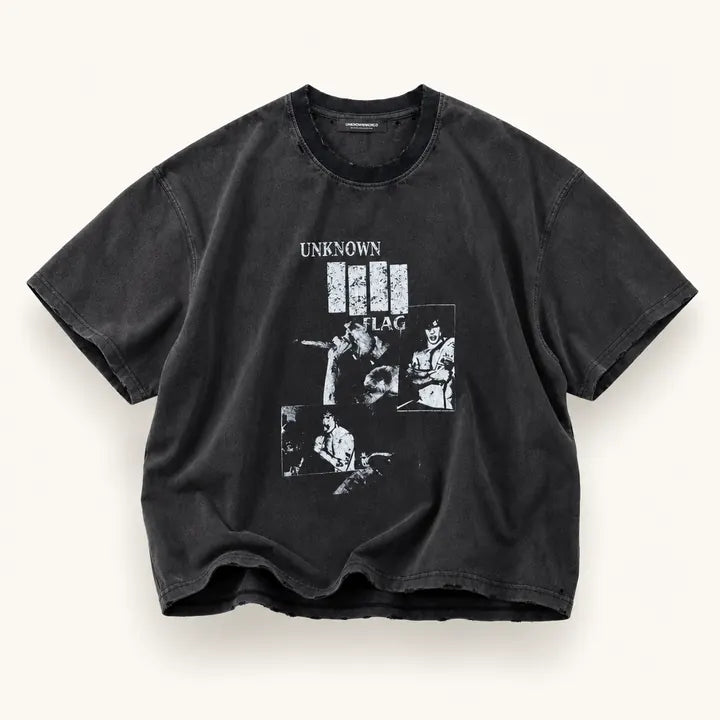 Mingstreet ASC launch still-life | UNKNOWNWORLD | Sun Faded Distressed Flag Print T Shirt | Black | ready_now_existing_asset
