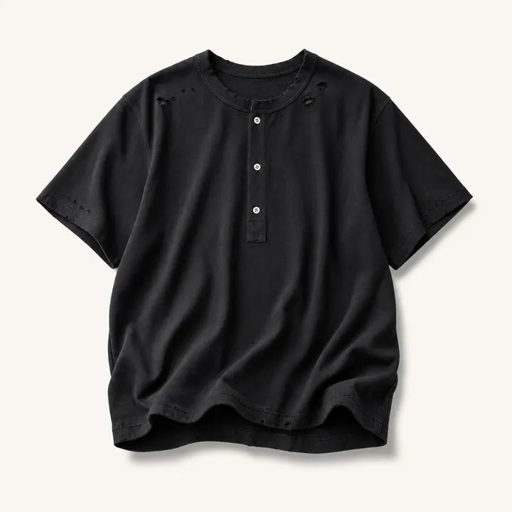 Mingstreet ASC launch still-life | UNKNOWNWORLD | Distressed Cotton Henley T Shirt | Black | ready_now_existing_asset