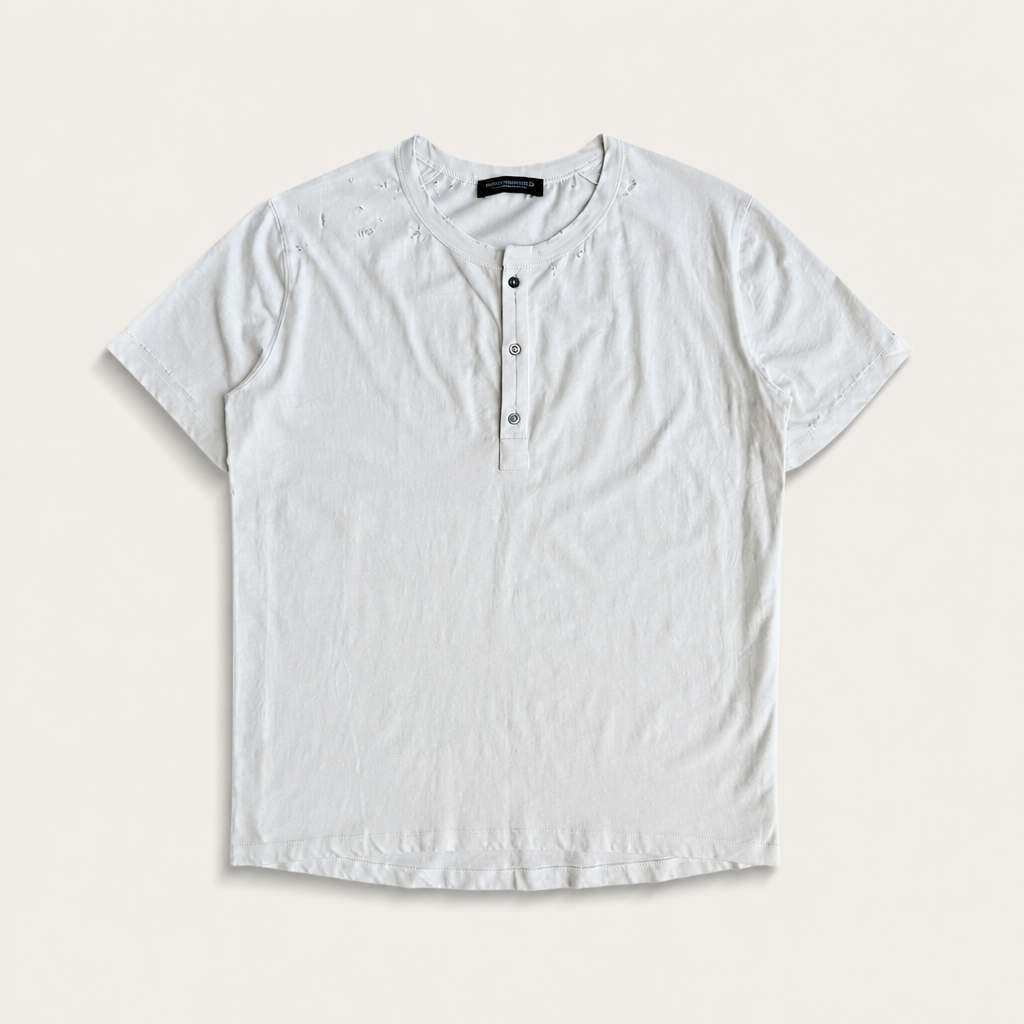 Mingstreet ASC launch still-life | UNKNOWNWORLD | Distressed Cotton Henley T Shirt | White | generated_extra_ready_product_colorway