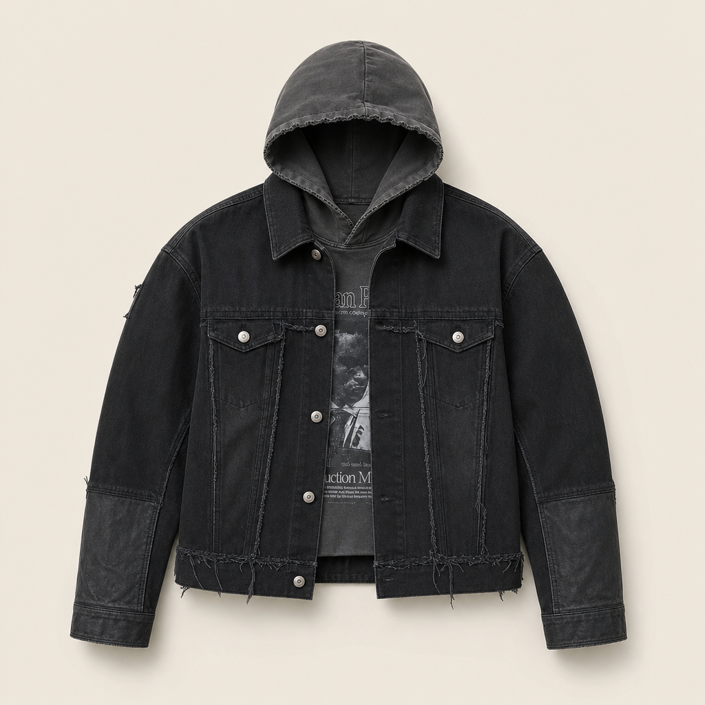 Mingstreet ASC launch still-life | UNKNOWNWORLD | Deconstructed Denim Horsehide Jacket | Black | ready_now_uncrumpled_replacement