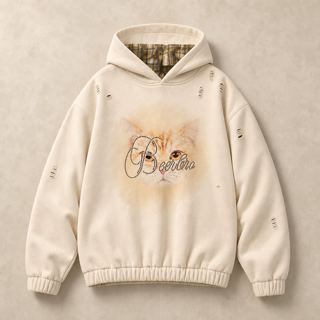 Mingstreet ASC launch still-life | BEERBRO | Distressed Cat Graphic Hoodie | Cream | ready_now_uncrumpled_replacement