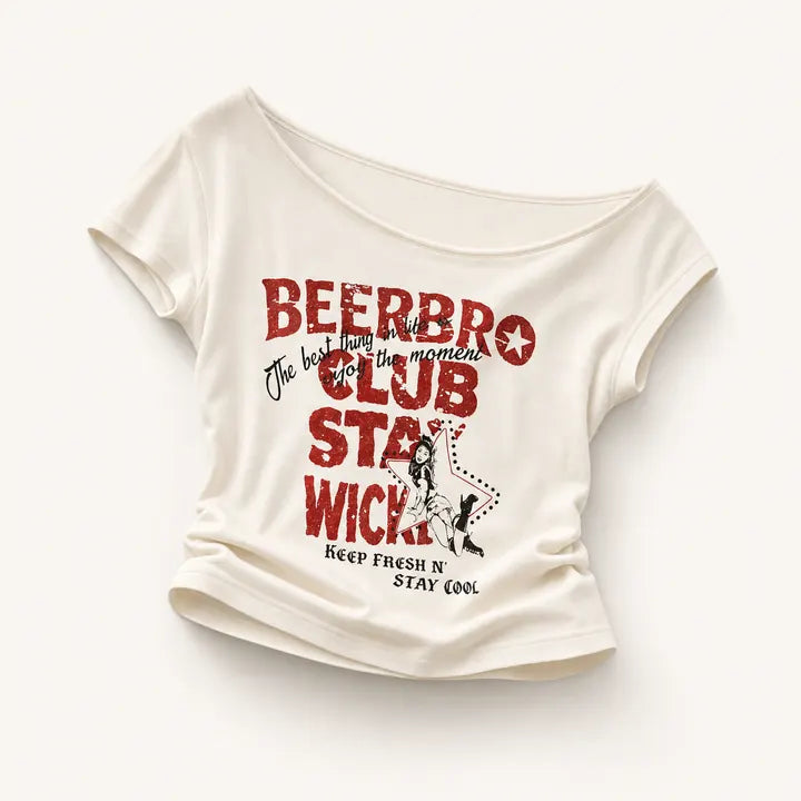 Mingstreet ASC launch still-life | BEERBRO | Off Shoulder Graphic Crop Top | White | ready_now_existing_asset
