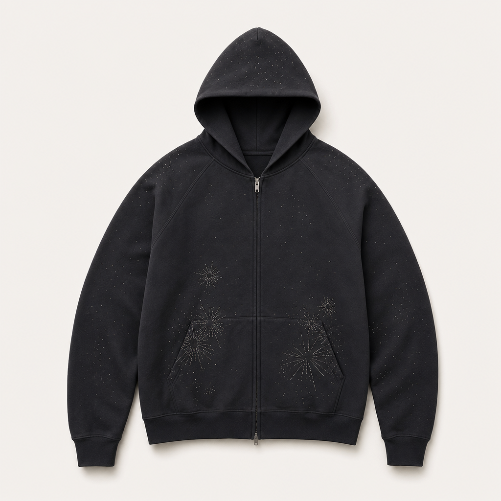 Mingstreet ASC launch still-life | MASONPRINCE | Fireworks Cotton Zip Up Hoodie | Black | ready_now_uncrumpled_replacement