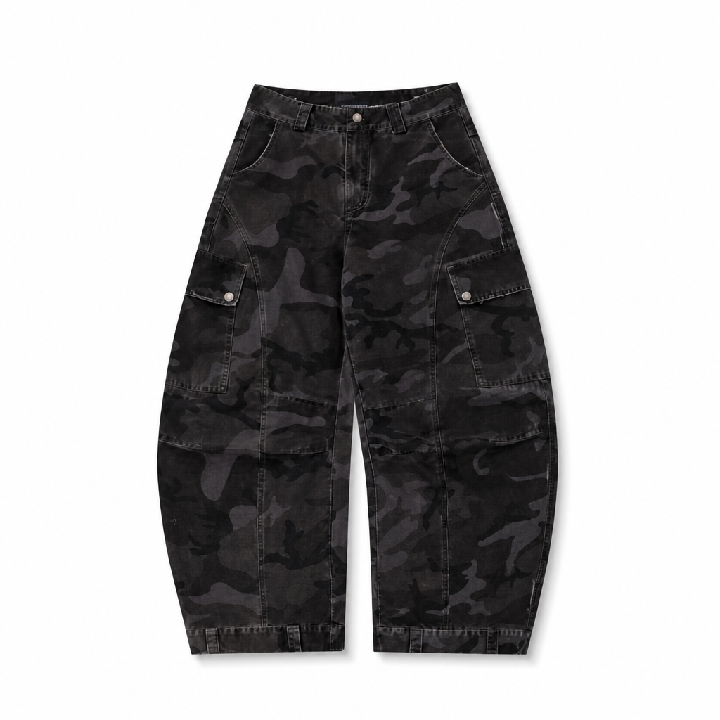 Mingstreet ASC launch still-life | MASONPRINCE | Curved Leg Camouflage Cargo Pants | Black | generated_extra_ready_product_colorway