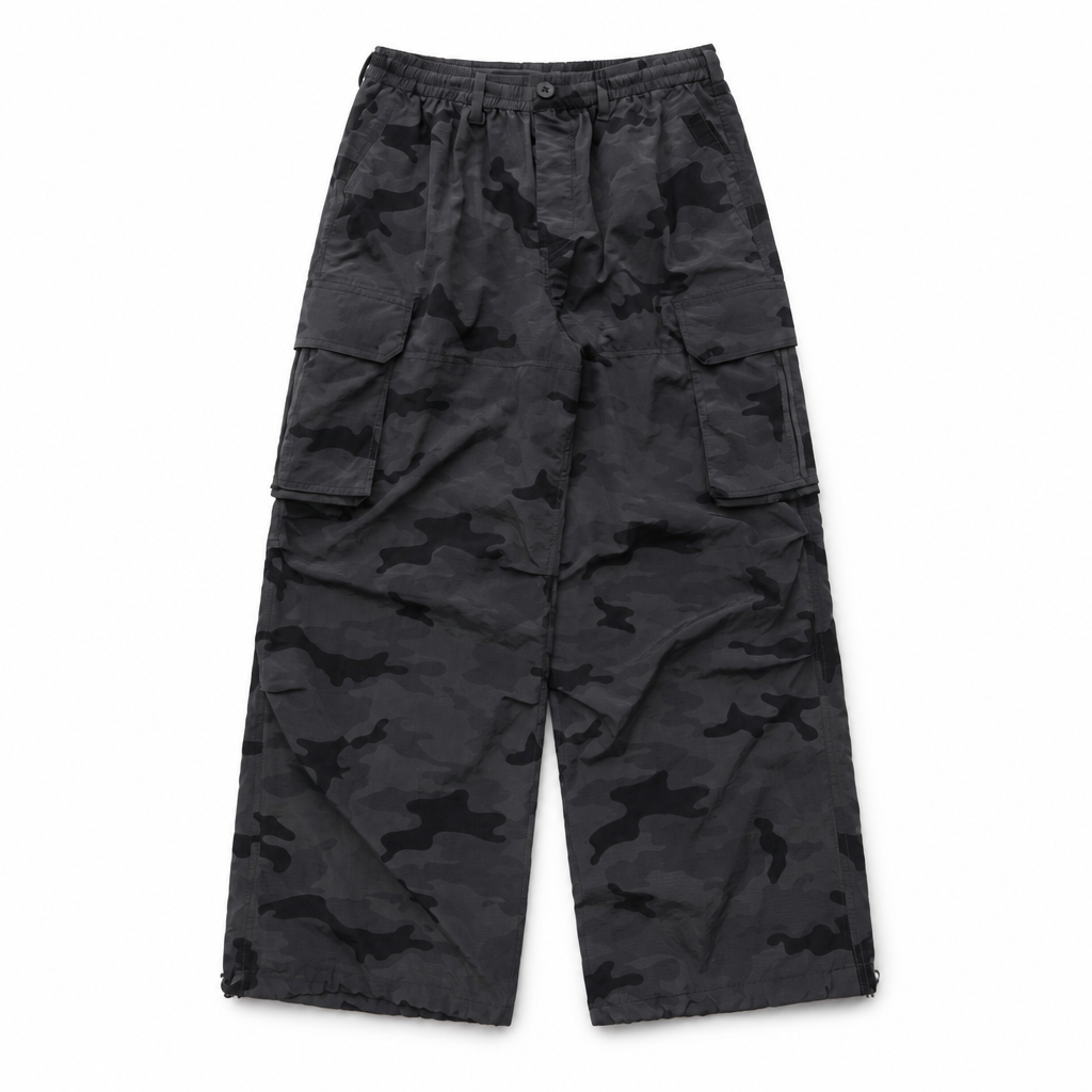 Mingstreet ASC launch still-life | MASONPRINCE | Camo Nylon Cargo Parachute Pants | Gray | generated_extra_ready_product_colorway