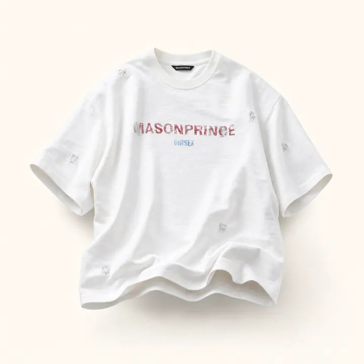 Mingstreet ASC launch still-life | MASONPRINCE | Distressed Embroidered Slub T Shirt | White | ready_now_existing_asset