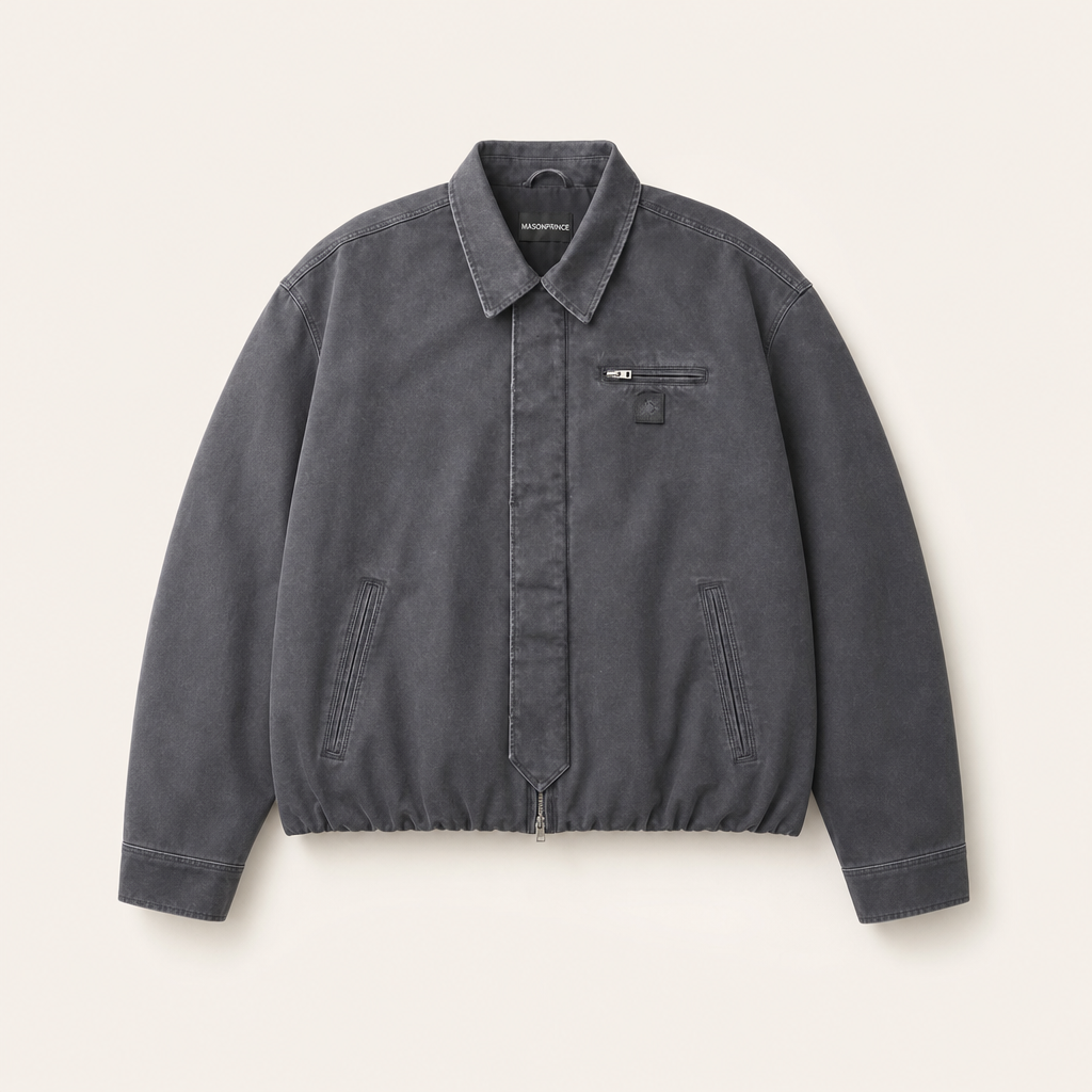 Mingstreet ASC launch still-life | MASONPRINCE | Distressed Cotton Cocoon Workwear Jacket | Charcoal | ready_now_uncrumpled_replacement