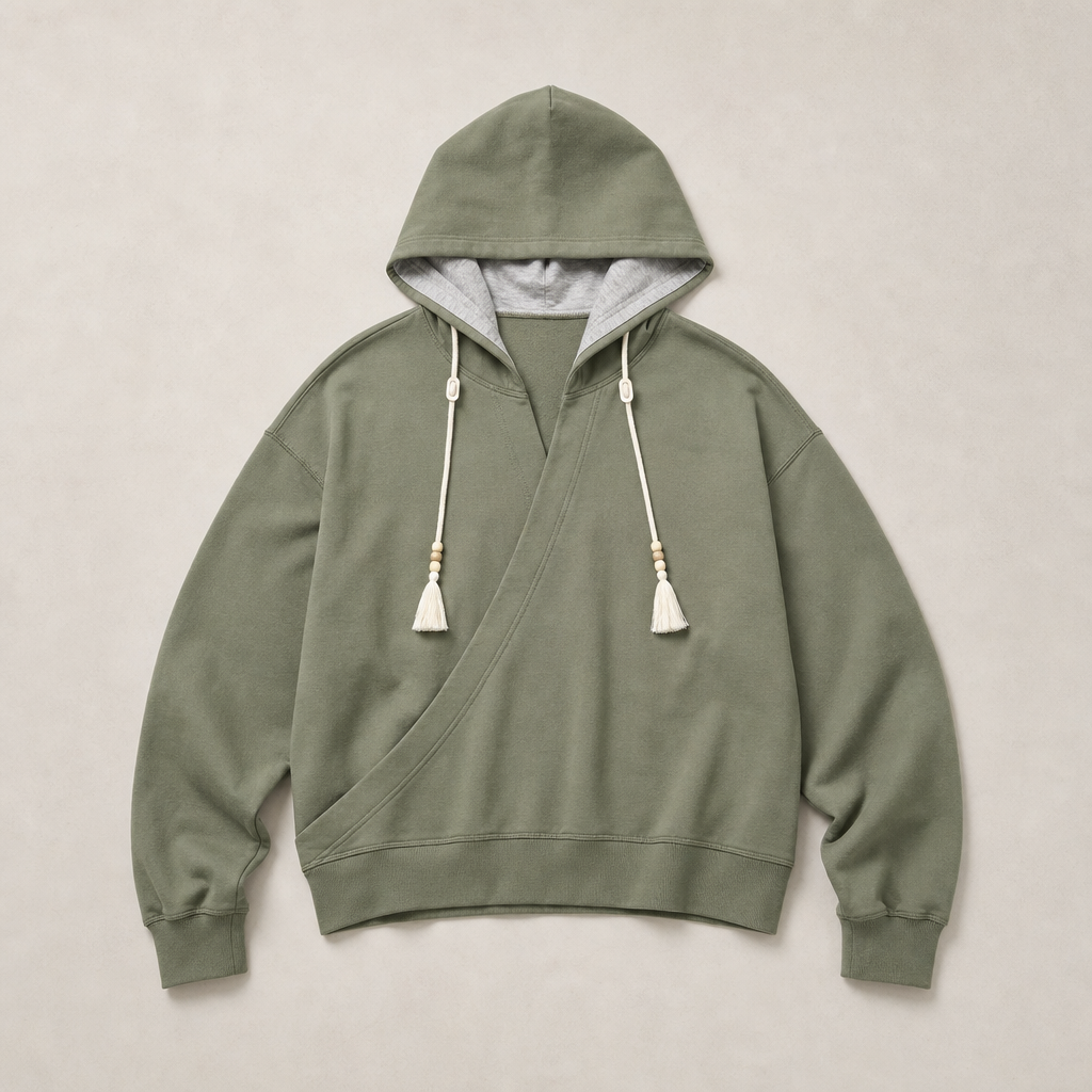 Mingstreet ASC launch still-life | SIMPLE PROJECT | Overlapping Slant Placket Hoodie | Olive | generated_missing_still_life_expansion