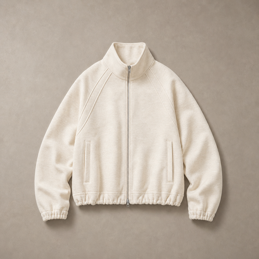 Mingstreet ASC launch still-life | SIMPLE PROJECT | Ruffled Adjustable Collar Zip Hoodie | Beige | generated_missing_still_life_expansion