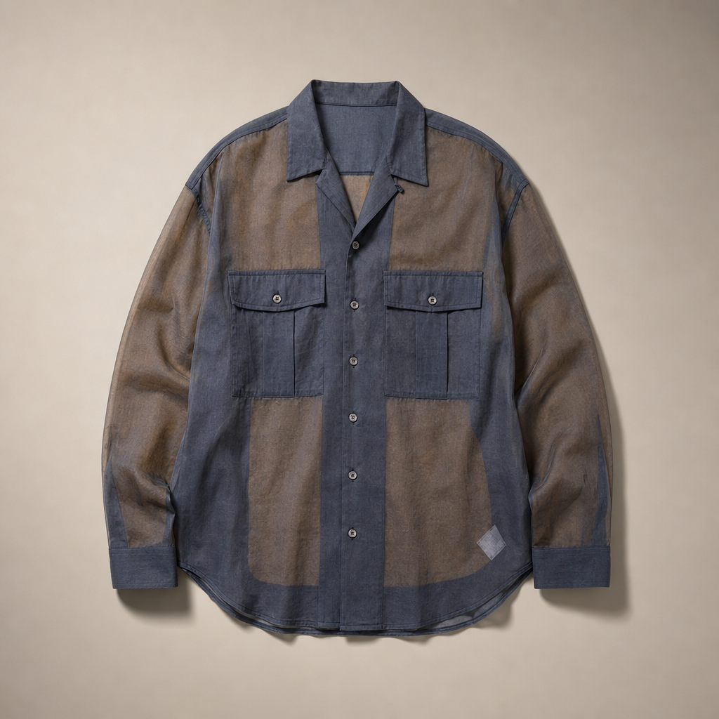 Mingstreet ASC launch still-life | SIMPLE PROJECT | Sheer Cotton Blend Organza Shirt | Gray | generated_missing_still_life_expansion