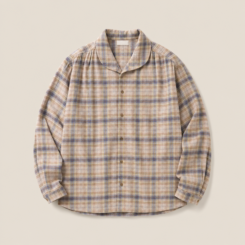 Mingstreet ASC launch still-life | SIMPLE PROJECT | Shawl Collar Crinkled Plaid Shirt | Khaki | generated_missing_still_life_expansion