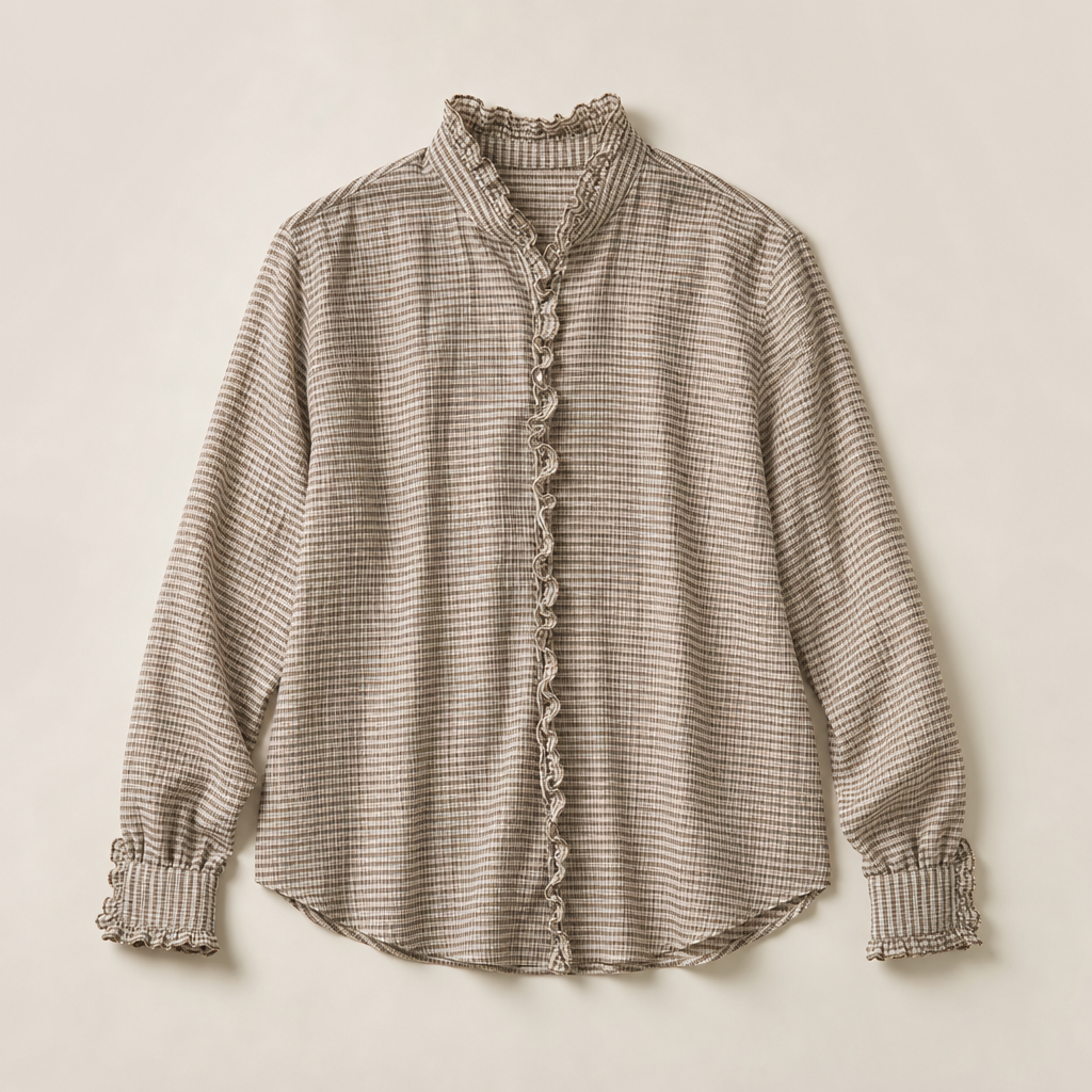 Mingstreet ASC launch still-life | SIMPLE PROJECT | Sheer Crinkled Plaid Ruffle Shirt | Khaki | generated_missing_still_life_expansion