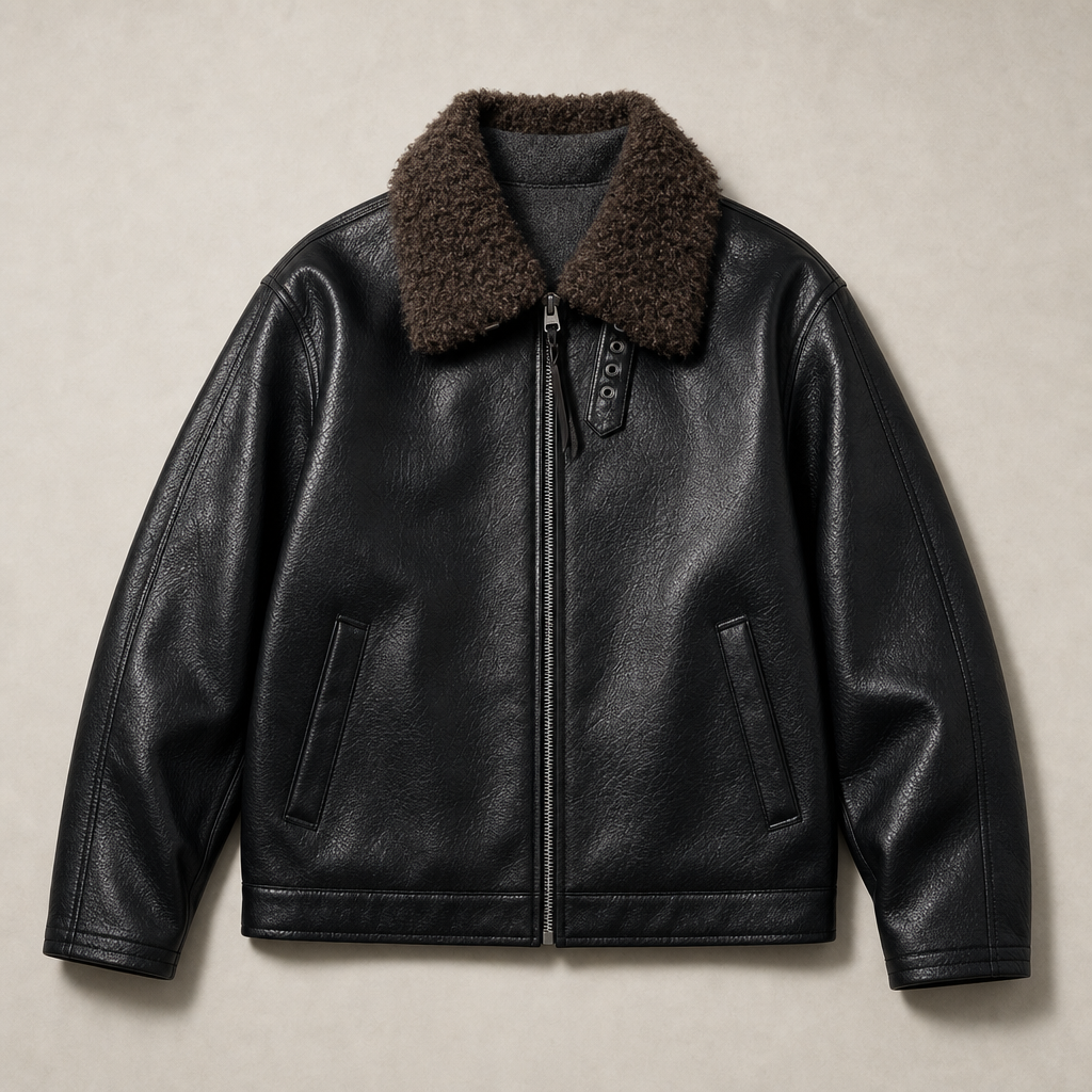 Mingstreet ASC launch still-life | SIMPLE PROJECT | Faux Leather Shearling Collar Jacket | Black | generated_missing_still_life_expansion