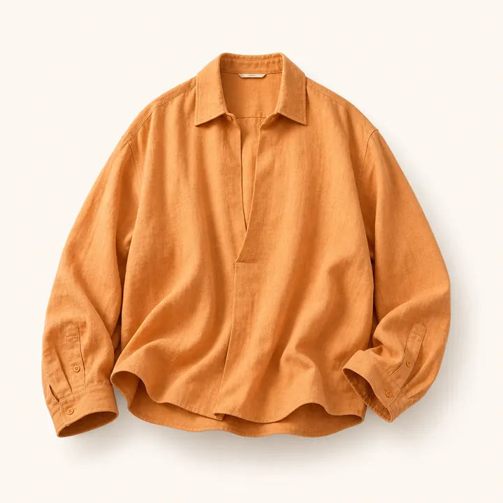 Mingstreet ASC launch still-life | SIMPLE PROJECT | Lyocell Ramie Pleated V Neck Shirt | Orange | ready_now_existing_asset