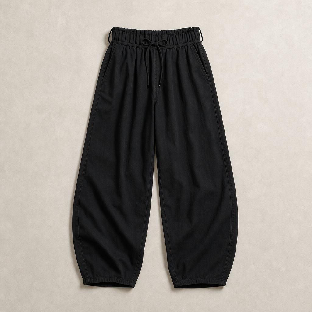 Mingstreet ASC launch still-life | SIMPLE PROJECT | Lyocell Blend Curved Leg Trousers | Black | generated_missing_still_life_expansion