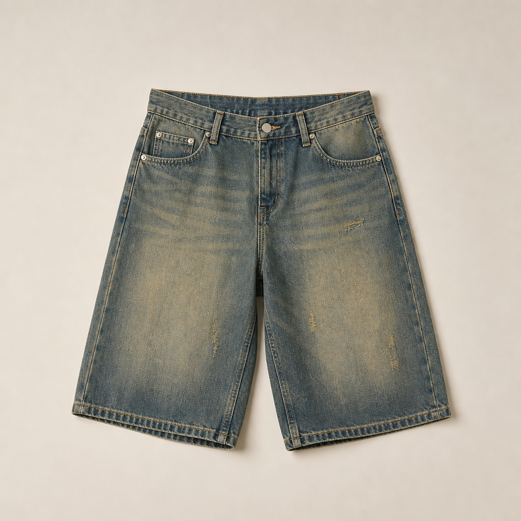 Mingstreet ASC launch still-life | SIMPLE PROJECT | Distressed Heavy Wash Denim Shorts | Blue | generated_missing_still_life_expansion