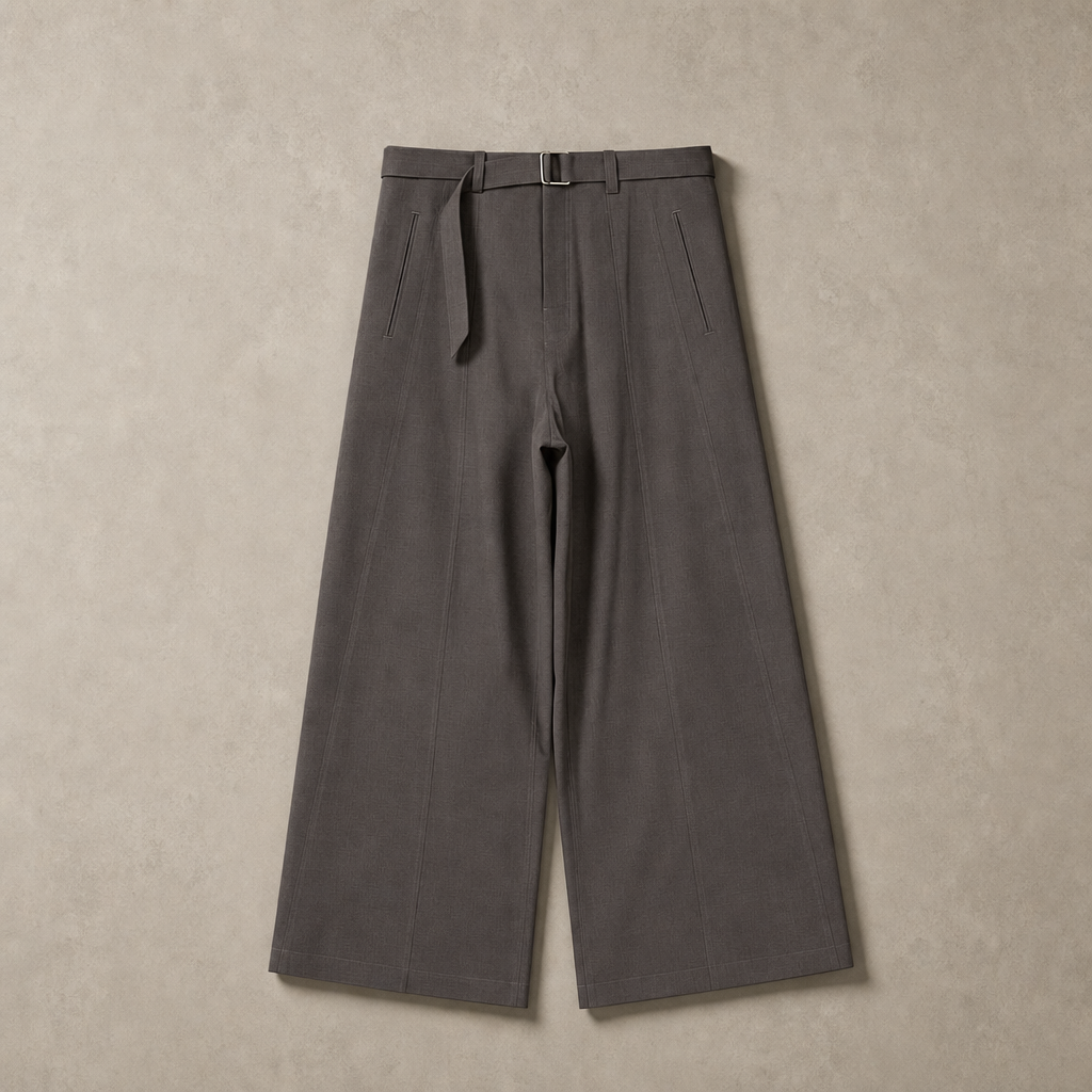 Mingstreet ASC launch still-life | SIMPLE PROJECT | Curved Seam Belted Wide Leg Trousers | Dark Gray | generated_missing_still_life_expansion