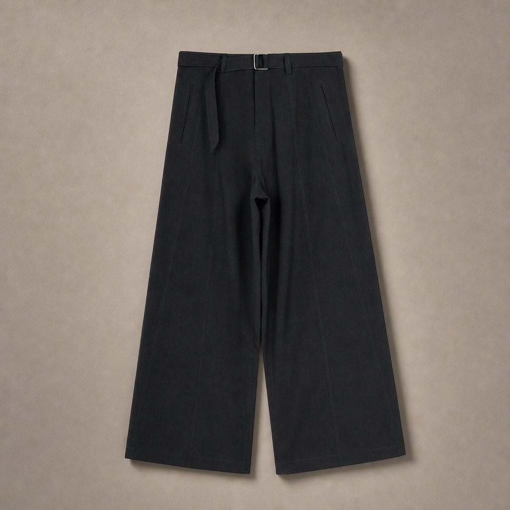 Mingstreet ASC launch still-life | SIMPLE PROJECT | Curved Seam Belted Wide Leg Trousers | Gray | generated_missing_still_life_expansion