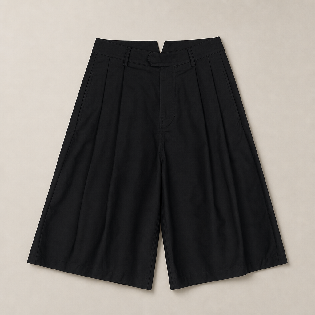 Mingstreet ASC launch still-life | SIMPLE PROJECT | Cotton Pleated Cropped Shorts | Black | generated_missing_still_life_expansion