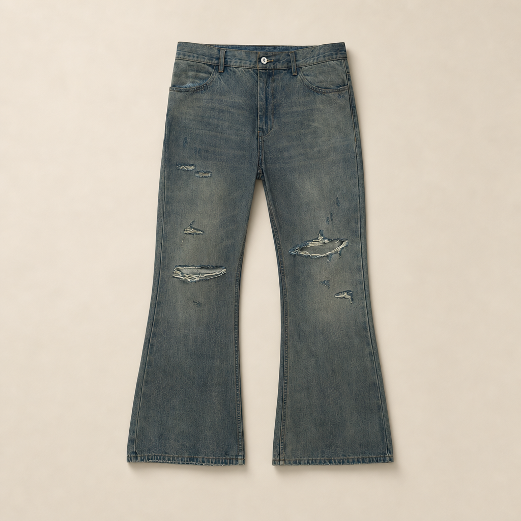 Mingstreet ASC launch still-life | SIMPLE PROJECT | Distressed Vintage Wash Flare Jeans | Blue | generated_missing_still_life_expansion