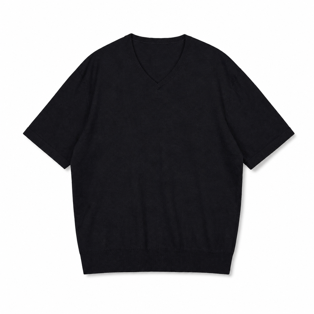 Mingstreet ASC launch still-life | SIMPLE PROJECT | Cashmere Blend V Neck Knit T Shirt | Black | generated_extra_ready_product_colorway