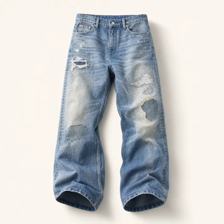 Mingstreet ASC launch still-life | SIMPLE PROJECT | Distressed Patchwork Flared Jeans | Blue | ready_now_existing_asset