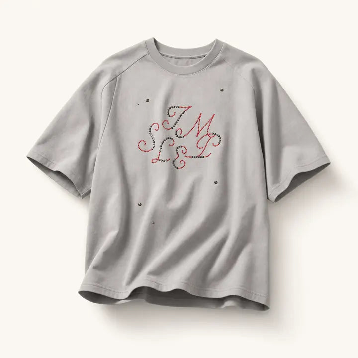 Mingstreet ASC launch still-life | SIMPLE PROJECT | Brass Stud Retro Logo Cotton T Shirt | Gray | ready_now_existing_asset
