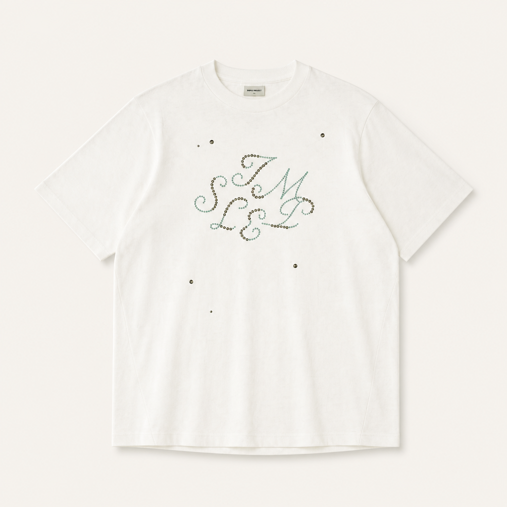Mingstreet ASC launch still-life | SIMPLE PROJECT | Brass Stud Retro Logo Cotton T Shirt | White | generated_extra_ready_product_colorway