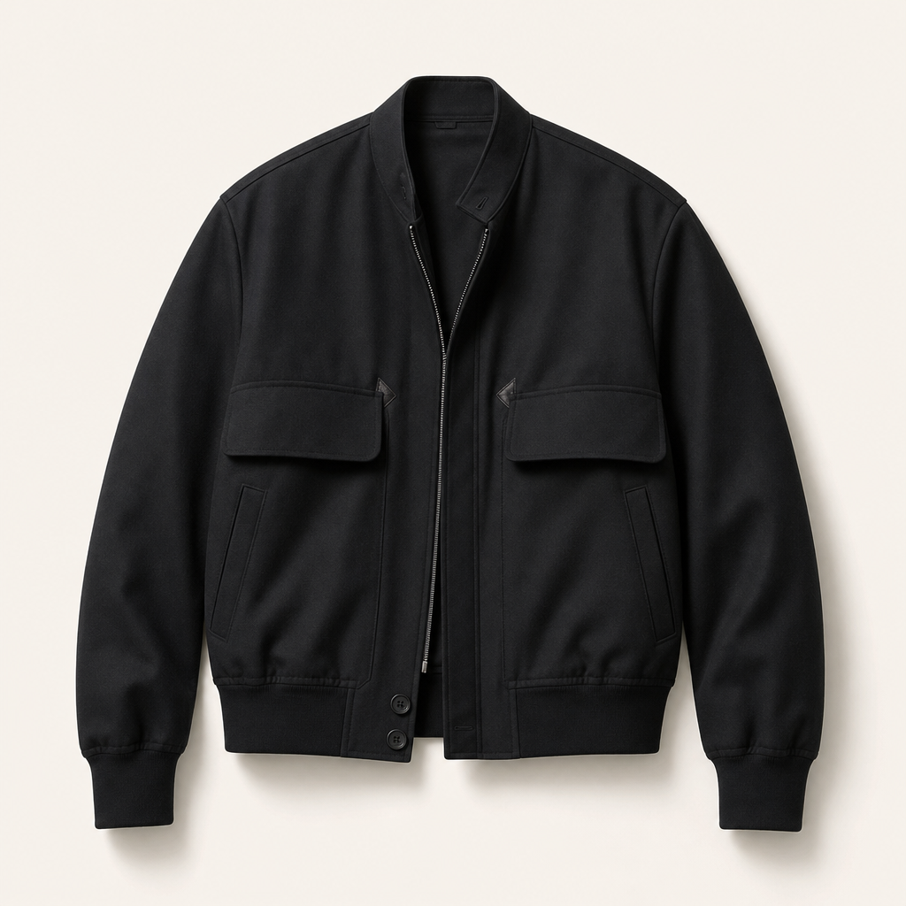 Mingstreet ASC launch still-life | SIMPLE PROJECT | Band Collar Worsted Wool Bomber Jacket | Black | ready_now_uncrumpled_replacement