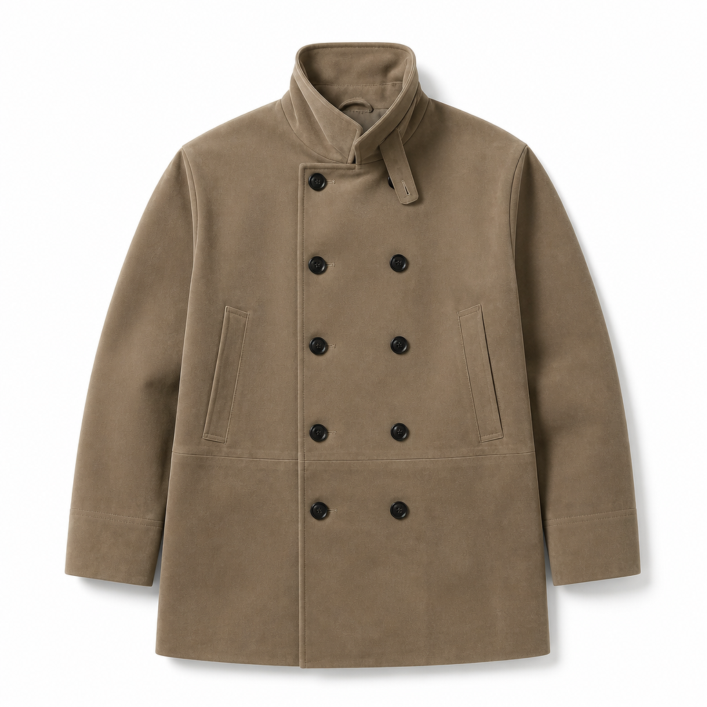 Mingstreet ASC launch still-life | SIMPLE PROJECT | Faux Suede Double Breasted Peacoat | Beige | generated_extra_ready_product_colorway