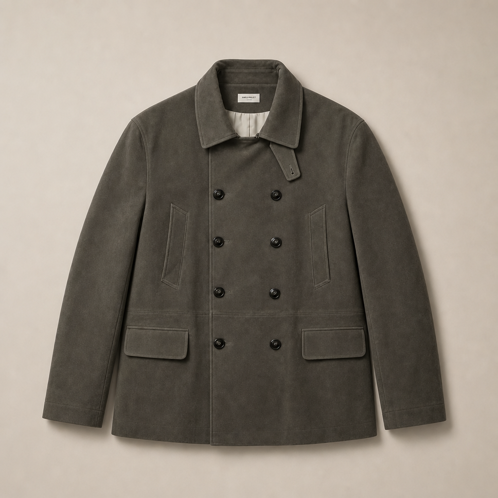 Mingstreet ASC launch still-life | SIMPLE PROJECT | Faux Suede Double Breasted Peacoat | Gray | ready_now_uncrumpled_replacement