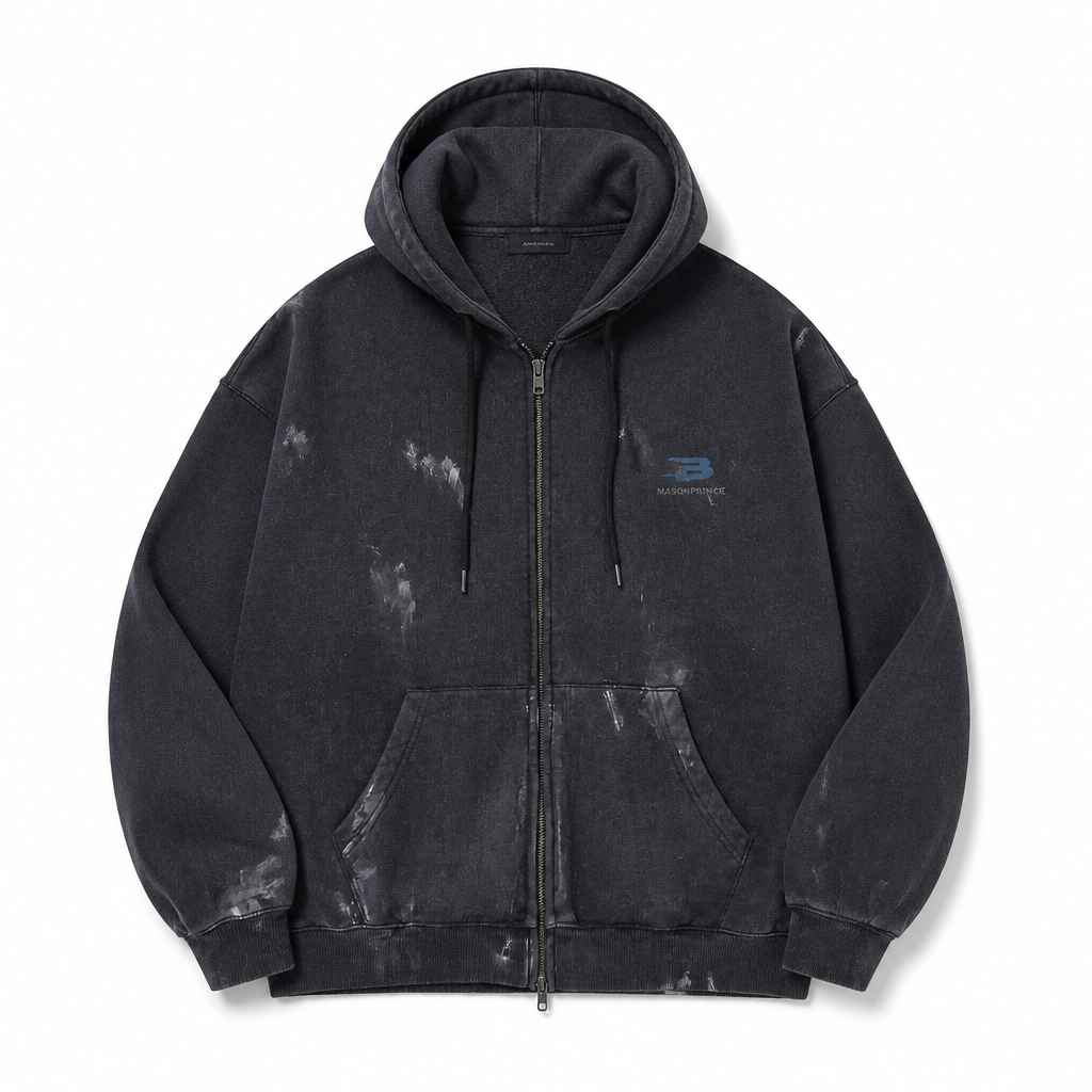 Mingstreet ASC launch still-life | MASONPRINCE | Distressed Painted Zip Up Hoodie | Charcoal | generated_extra_ready_product_colorway