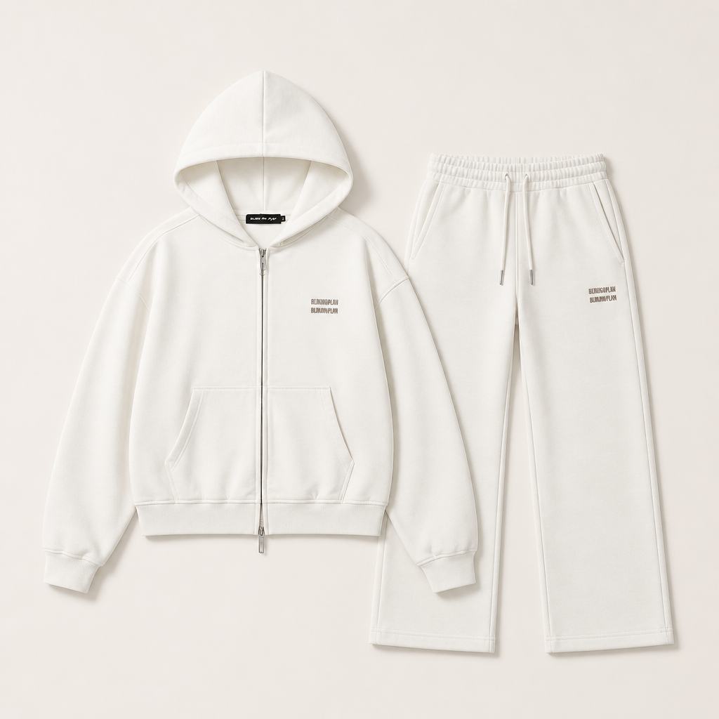 Mingstreet ASC launch still-life | BLINDNOPLAN | Metallic Logo Zip Hoodie Pants Set | White | generated_extra_ready_product_colorway