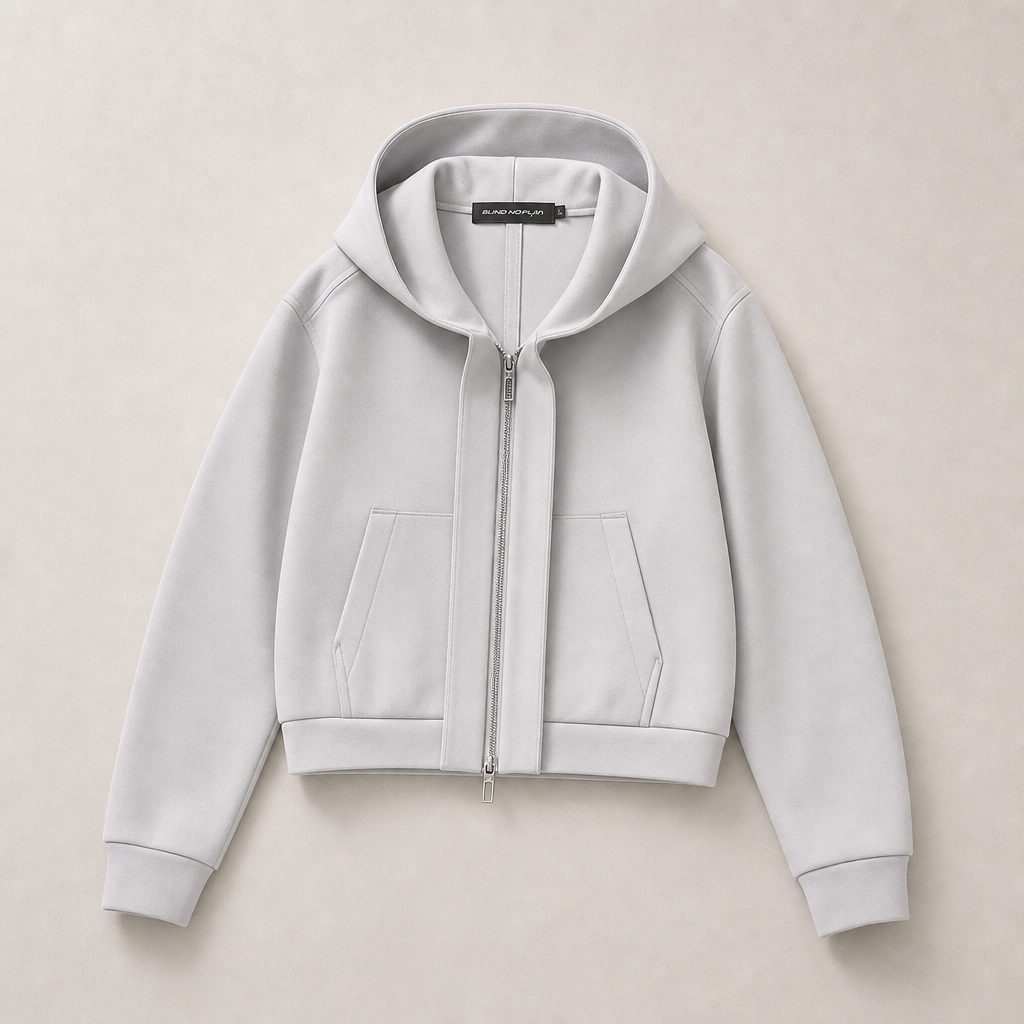 Mingstreet ASC launch still-life | BLINDNOPLAN | Cropped Zip Up Hoodie with Structured Trim | Gray | ready_now_uncrumpled_replacement